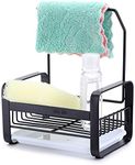 JUXYES Stainless Steel Sponge Holder with Dishcloth Drying Rack, Kitchen Sink Organizer Caddy Tray Sponge Brush Soap Holder with Removable Drain Tray for Kitchen (S, Black)