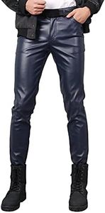 Idopy Men`s Business Slim Fit Five Pockets Faux Leather Pants Jeans (W34, Blue)