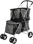 PaWz 2-Tier Pet Stroller, 4 Wheels Pet Carrier with Brake for Dog Cat, Large Foldable Double Pram Shopping Crate with Latch Clip, Detachable Shopping Basket Dog Cat Strollers 53cm x 78cm x 102cm Grey