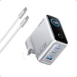 Anker 100W USB C Charger, 3-Port Fast Charger Plug, Ultra-Compact GaN Laptop Charger, Smart Display, Touch Control, for MacBook, iPad, iPhone 17/16/15 Series (Silver, USB-C Cable Included)