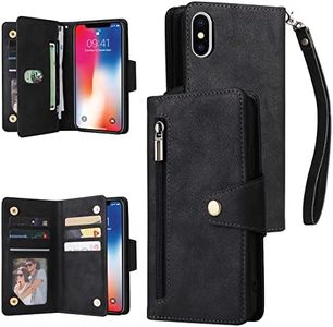 YocoverTech for iPhone X Case,for iPhone Xs Wallet Case[6 Card Slots and 1 Zipper Coin Pocket] PU Leather Stand Flip Cover with Wrist Strap for iPhone X/iPhone Xs[5.8 inch]-Black