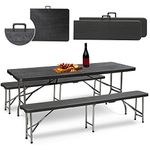 Sekey Beer Tent Set Folding Camping Table Set, 2 x Beer Benches & 1 x Beer Table, 180 cm Beer Table Set, 3-Piece Garden Furniture Set, Wood Grain, Black