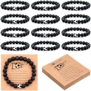 Ecation 12 Pcs Sport Bracelets Team Gift Lave Stone Black White Beaded Bracelet with Inspirational Card for Football Volleyball Golf Baseball Basketball Soccer Softball Party Favor, Soccer, no