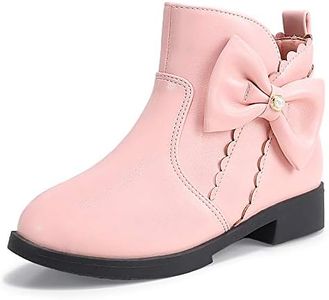 PANDANINJIA Toddler/Little Kid Girl's Clara Fashion Short Ankle Boots Pearls Bow Dress Booties with Zipper, C Pink Pu, 4 Big Kid