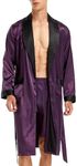 Mens Satin Robe Lightweight Silk Long Sleeve Bathrobe with Shorts Set Spa Kimono Sleepwear, Purple With Black Collar, Large