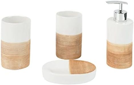 axentia Juego de 4 Accesorios para Baño de Dolomita Rimini, Dispensador de Jabón, Soporte para Cepillos de Dientes, Vaso de Enjuague y Jabonera, Beige/Blanco