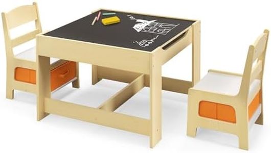 HONEY JOY 3 in 1 Kids Wooden Table & 2 Chair Set, Children Activity Table Desk Sets w/Storage Drawer, Detachable Blackboard, Toddler Table and Chair Set for Drawing, Eating, Reading (Natural)