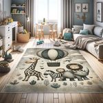 Ambesonne Animals Decorative Rug, Nostalgia Feels Happy Tale of Animal Friends Giraffe Zebra Lion with Birds, Quality Carpet for Bedroom Dorm and Living Room, 2' x 5', Dusk Dark Teal Ecru