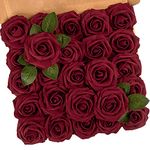 N&T NIETING Artificial Flowers Roses, 25Pcs Red Foam Roses Real Touch Roses with Stems Fake Flowers for Wedding Bridal Bouquets Centerpieces Floral Arrangement Party Home Decoration, Dark Red