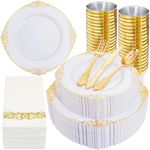 350PCS Gold Plastic Dinnerware Sets for 50 Guests Gold Plastic Plates Gold Plastic Silverware Gold Plastic Cups, Gold Napkins for Wedding, Party,Birthday
