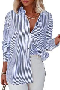 Homlan Blusa de Manga Larga para Mujer, a Rayas, Informal, Cuello en V, Camisa de Trabajo, Holgada, con Botones, Azul, XL