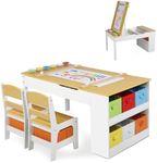 Kinder King 3 in 1 Kids Art Table & Easel Chair Set, Wood Children Activity Table, 6 Storage Bins, Paper Roll, Paint Cups, Playroom, Natural