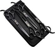 Purple Dragon Professional 7.0 inch 4PCS Pet Grooming Scissors Kit Japan Premium Steel Straight & Curved & Thinning Blade Dog Hair Cutting Shears Set with Case (Matte Black)