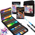 H & B Dual Tip Brush Pen Colored Pen,Fineliners Felt Tip Pen Set 72 Colors Colouring Pens Markers with Coloring Book & Watercolor Book, Art Pen Supplies for Kids Adult Drawing Painting