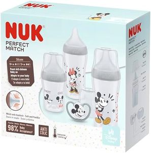 NUK Perfect Match Baby Bottles Set | 0-6+ Months | Adapts to Baby's Palate | 3 x Anti Colic Baby Bottles & Space Soother | BPA-Free | Disney Mickey Mouse | 4 Count