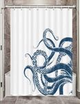 VEIGIKE Octopus Decor Camper RV Shower Curtain for Travel Trailer Bathroom, Funny Blue and White Small Narrow Shorter Fabric Shower Curtains Set, Happy Camp Outdoor Decor Accessories with Hooks 47X64