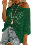 Dokotoo Womens Juniors Spring Summer Crochet Hollow Out Sweaters Tops Cruise Outfits for Women 2025 Round Neck Short Sleeve Pullover Shirt Lightweight Knit Tops Blouse Dark Green Large