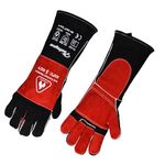SAFEYEAR 932°F/500°C, Leather Forge Welding Gloves, Kevlar Stitching,Extrme Heat &Fire Resistant Work Gloves for Welding,Fireplace,Stove,Oven,Grill,BBQ,Gardening,Woodburning,16in/40cm,Black-Red