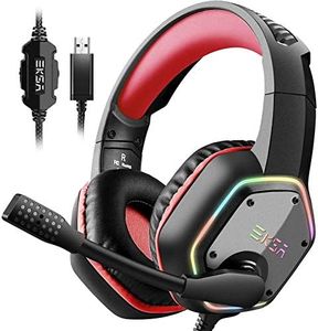 EKSA E1000 Gaming Headset, Computer Headphones with Noise Canceling Mic & RGB Light, 7.1 Surround Sound, Compatible with PC, PS4 PS5 Console, Laptop (Red)