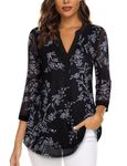 Zamowoty Womens Blouses for Work Professional,Flowy Business Casual Tops Ladies V Neck Dressy Shirts Fall Winter Work Clothes for Office Wear Womens Tunic Tops 3/4 Sleeve Funeral Floral Black XL