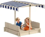 Outsunny Wooden Kids Sandbox with Cover, Children Outdoor Sand Play Station with Foldable Bench Seats, Adjustable Canopy, Bottom Liner for Outdoor
