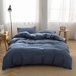 Face Two Face Bedding Duvet Cover Set 100% Washed Cotton Duvet Cover Linen Like Textured Breathable Durable Soft Comfy(California King, Navy Blue)