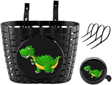 HyperYolk Kids Black Bike Basket with Bell, Cute Bicycle Front Handlebar Basket for Boys, Girls, Toddlers, Children, Portable Plastic Tricycle Basket for School, Outdoor, Cycling (Dino)