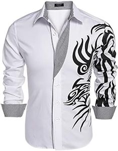 Coofandy Men's Fashion Print Dress Shirt Casual Cotton Button Down Shirts,White 1,Large