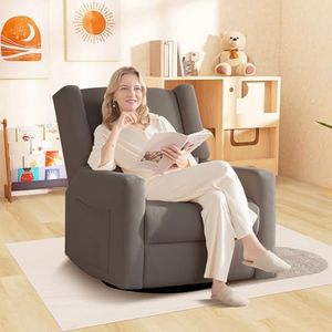 Tbfit Nursery Rocking Chair, 360° Swivel Recliner Chair with Lumbar Support for Bedroom, Comfy Upholstered Armchair with Pillows & Footrest for Living Room & Baby Room