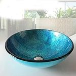 Artistic Handmade Tempered Glass Bathroom Counter Vessel Vanity Sink Bowl,Standard Round Top Wash Basin with Pop-up Drain Set,Blue