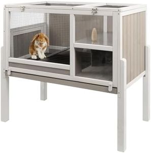 Gowoodhut Elevated Rabbit Hutch Indoor 36.6" H Wooden Outdoor Bunny Hutch with Wire Netting Above The Pull Out Tray, Detachable Legs Hamster Cage Guinea Pig Cage Pet House for Small Animals, Grey
