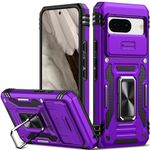 Nvollnoe for Google Pixel 8 Case with Slide Camera Cover Drop Tested Military Grade Heavy Duty Protective Durable Sturdy Rotate Ring Kickstand Phone Case for Google Pixel 8(Purple)