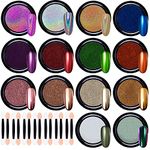 Duufin 14 Jars Nail Powder Metallic Chrome Powder 1g/Jar Mirror Effect Nail Powder Holographic Nail Powder with 14 Pcs Eyeshadow Sticks, 14 Colours