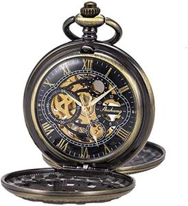 Pocket Watch Skeleton Mechanical Double Case Hand-Wind SIBOSUN Bronze Roman Numerals Antique Chain Mens