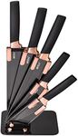 elabo 5 Pieces Black Kitchen Knife Set Stainless Steel Non Stick Coating Knives with Base, Rose Gold Handle,