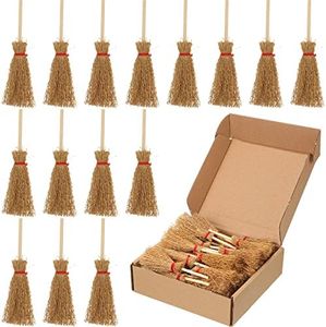 30 Pcs Miniature Mini Straw Brooms Artificial Halloween Straw Craft Decoration Small Dollhouse Witch Broomstick with Red Ropes Wizard Toy Witches Accessory for Costume Cosplay Party