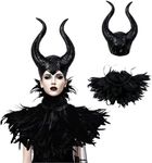 UQJE Black Gothic Witch Costume Raven Costume Halloween Feather Shawl Mesh Cape with Horns Set