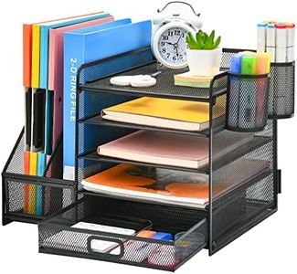 Marbrasse Desk Organizer with File Holder, 5-Tier Paper Letter Tray Organizer with Drawer and 2 Pen Holder, Mesh Desktop Organizer and Storage with Magazine Holder for Office Supplies(Black)