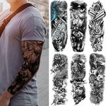 Military Temporary Tattoo Sleeves, Full Arm Large War Soldier Fake Tattoos Sleeve For Men Women Adult, Black Long Lasting Patriotic Warrior Temp Tatoo Sticker Leg Body Art Makeup, 6-Sheet