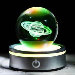 60mm 3D Led Laser Engraved Ball Planet Crystal Ball Night Light, Glass Planets Figurine with Six-Color Led Base for Home Decor Paperweight for Science Astronomy Birthday Gifts Bedroom Decoration