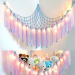 Dremisland Stuffed Animals Storage with Fairy Lights Toy Hammock Hanging Stuffed Animal Storage Organizer Holder with Lace Tassels for Nursery Play Room, Kids Bedroom