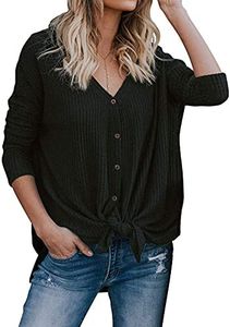MIHOLL Womens Waffle Knit Shirt Loose Fitting Long Sleeve Tie Knot Batwing Tops Blouse Black (XX-Large, Z- Black)