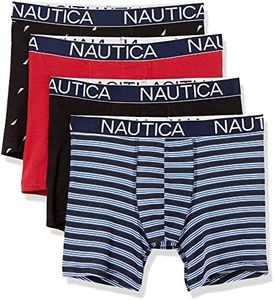 Nautica Men's Cotton Stretch 4 Pack Boxer Brief, Black/Nautica Red/Stripe Black/Sail Print, Large