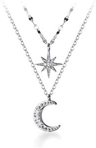 SLUYNZ 925 Sterling Silver Layered Necklace Chain Star Moon Choker Necklace for Women Layering Chain Choker, Sterling Silver Rhodium Plating, Cubic Zirconia