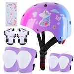 MHJY Kids Helmet and Pads Set Girls Bike Helmet with DIY Unicorn Stickers Age 3-5-8 Years Kids Protective Gear Knee and Elbow Pads Adjustable for Cycling Skateboard Scooter Skating Scooter