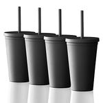 STRATA CUPS Matte Black Tumbler with Straw (16oz 4 Pack) - Plastic Tumblers with Lids and Straw, Acrylic Tumbler Cups Bulk, Double Wall Tumbler, Reusable Cups with Lids and Straws, DIY Customizable