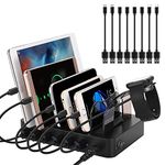 PRITEK Charging Station with 8pcs Short Charge Cables, 60W 6 Ports USB Charger Station Desktop Organizer Charging Dock Compatible for Multiple Electronic Devices