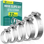 20 Piece 6-51mm Hose Clips Set, Leryati Small Hose Clamp 304 Stainless Steel Clamps, Adjustable Worm Drive Hose Pipe Clips Tube Hose Joining Clip for Pool, Washing Machine, Pond and Garden - 5 Size