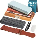 Cutluxe Knife Sharpener Stone Kit – Whetstone, Sharpening Stone, Professional 4 Side Grit 400/1000/3000/8000 Wet Stone, Non Slip Acacia Wood Base, Angle Guide, Black Flattening Stone, Leather Strop