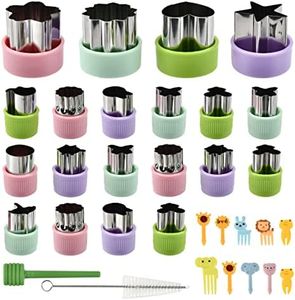 BVOPLME Vegetable Fruit Cutters Shapes Set, Stainless Steel Mini Cookie Cutters 16 Pcs, Cute Cartoon Animals Fruit Picks Forks 10 Pcs, Sandwich Cutter for Kids Bento Box Baking